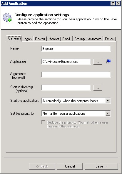 Explorer Windows Service: General Tab
