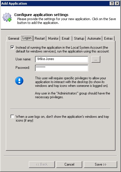 Explorer Windows Service: LogOn Tab