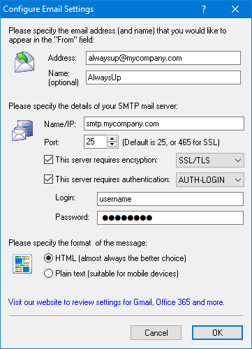 AlwaysUp: Configure email server settings