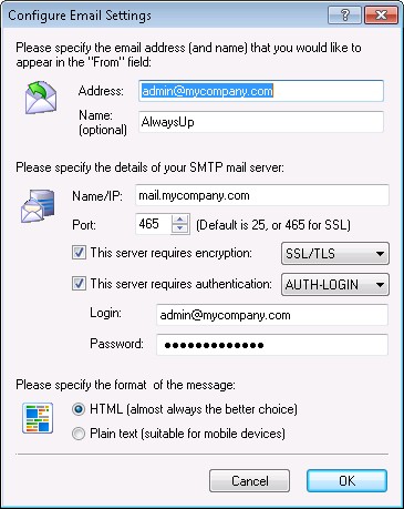 AlwaysUp Configure Email Settings