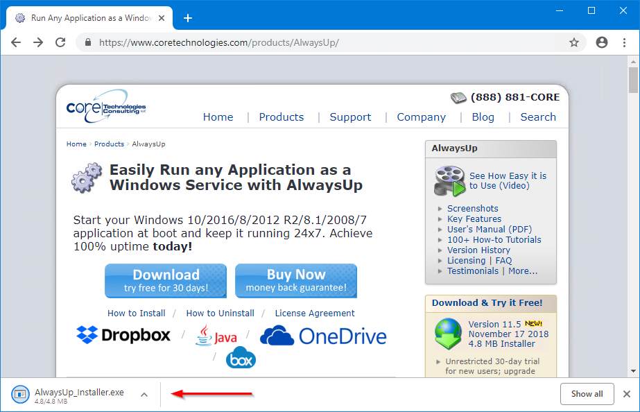 Downloading AlwaysUp with Google Chrome