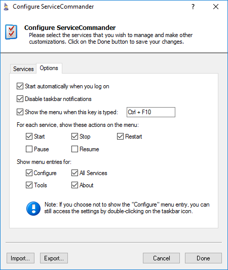 Changing ServiceCommander settings