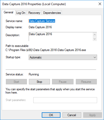 Data Capture 2016 installed as a Windows Service
