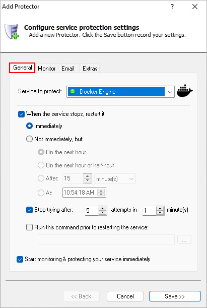 Docker Engine Windows Service: General Tab