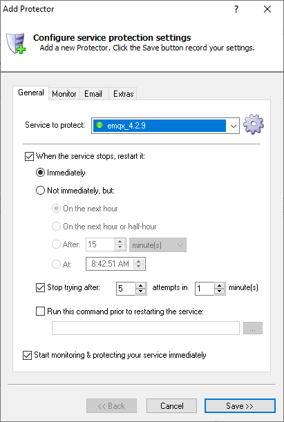 EMQ X Broker Windows Service: General Tab