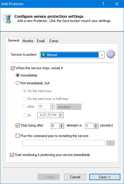 Filebeat Windows Service: General Tab