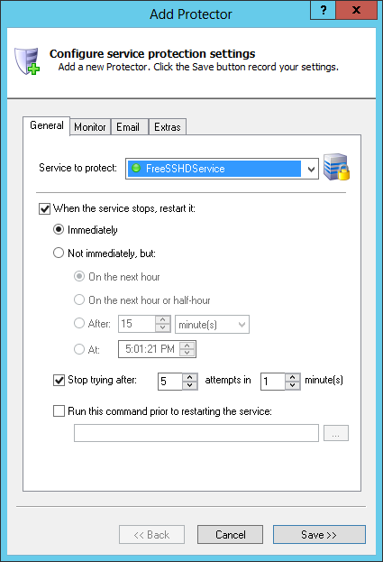 freeSSHd Windows Service: General Tab