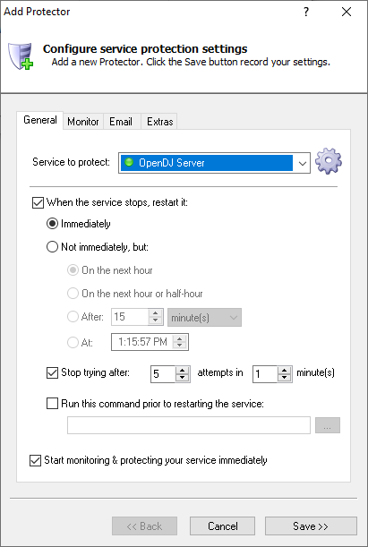 OpenDJ Windows Service: General Tab