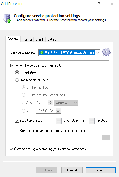 PortSIP WebRTC Gateway Windows Service: General Tab