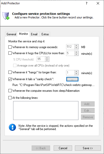 PortSIP WebRTC Gateway Windows Service: Monitor Tab