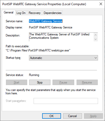 PortSIP WebRTC Gateway Windows Service