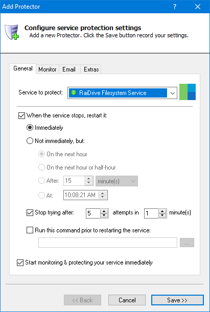 RaiDrive Windows Service: General Tab
