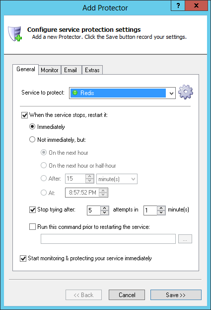 Redis Windows Service: General Tab