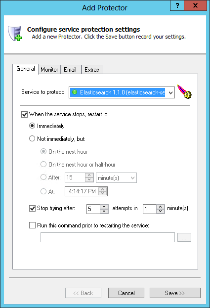 Elasticsearch Windows Service: General Tab