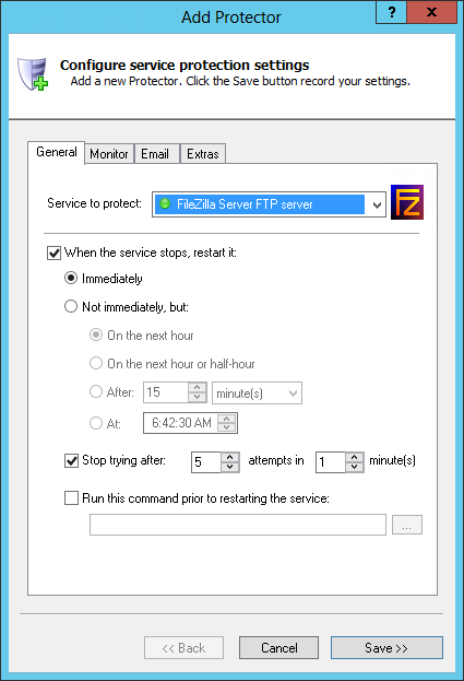 FileZilla Windows Service: General Tab