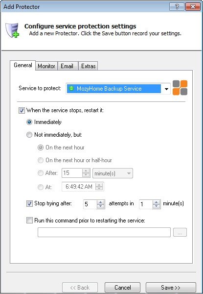 Mozy Windows Service: General Tab