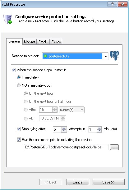PostgreSQL Windows Service: General Tab
