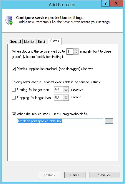 Print Spooler Windows Service: Extras Tab