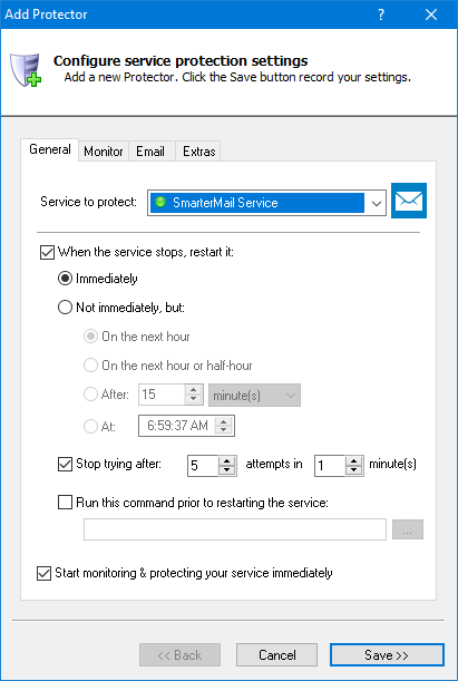 SmarterMail Windows Service: General Tab