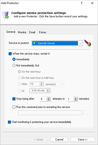 Syncrify Windows Service: General Tab