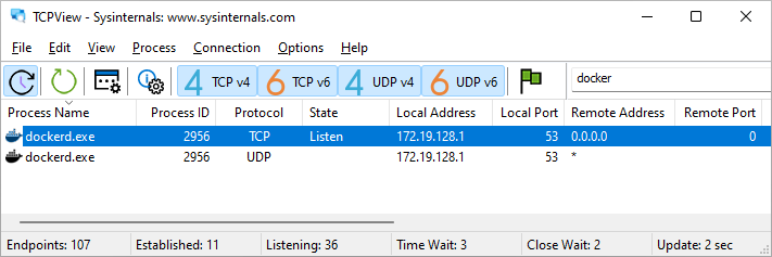 Use TCPView to find Docker's Listening IP address and Port