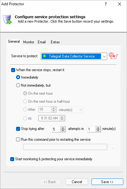 Telegraf Windows Service: General Tab