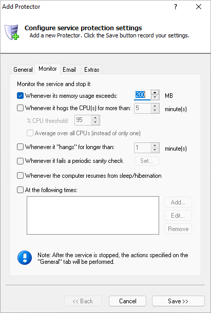 Telegraf Windows Service: Monitor Tab