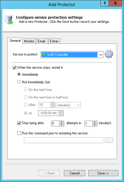 UniFi Controller Windows Service: General Tab