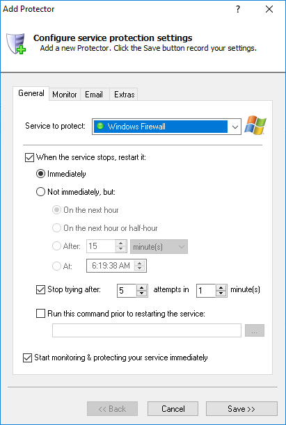 Windows Firewall Windows Service: General Tab
