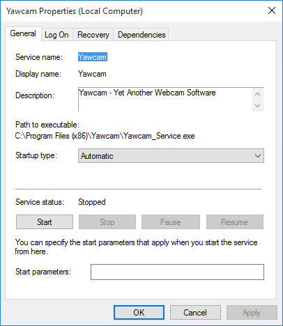 Yawcam installed as a Windows Service