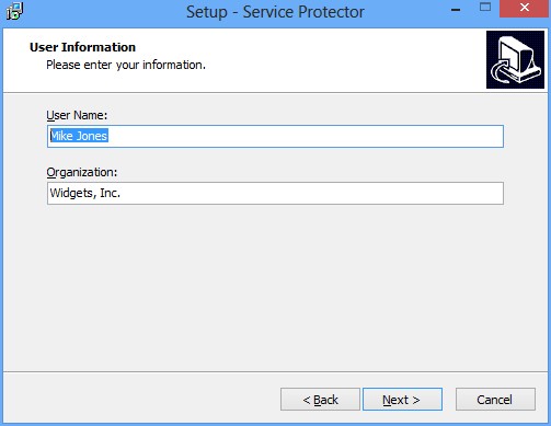 Install Service Protector: Name and Organization