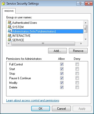 Ventana de ACLs de Windows predeterminada para agregar o quitar usuarios y permisos